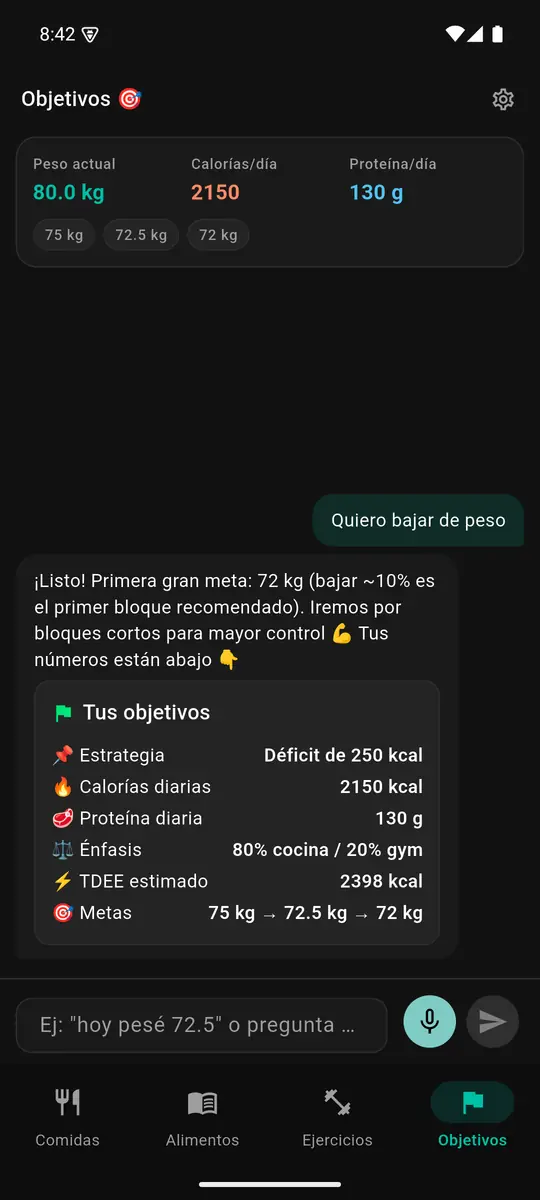 Maca's goals screen with daily calories, protein and weight milestones.