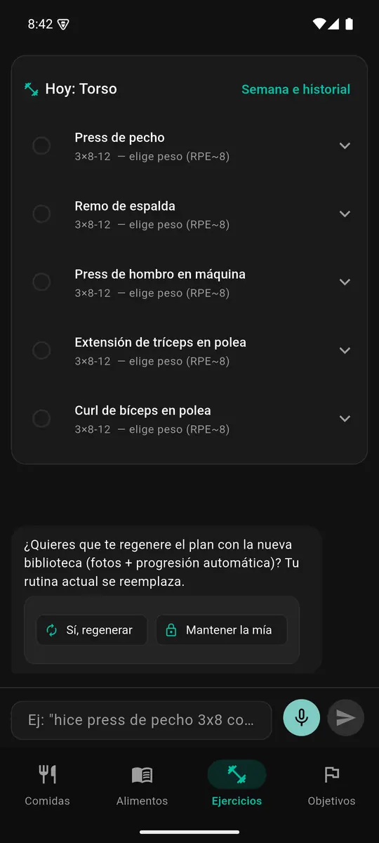 Maca's training screen with today's workout listed.